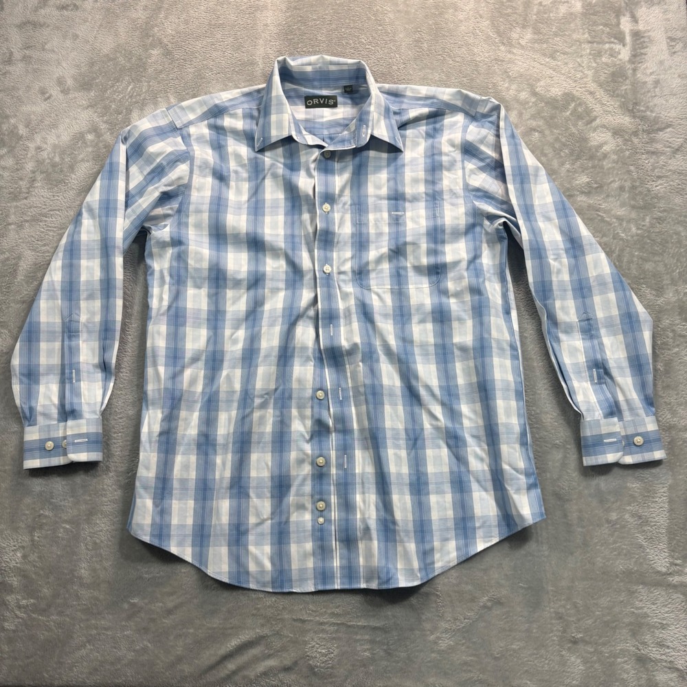 Orvis Button Down Shirt Mens Large Blue White Plaid 100% Cotton Long Sleeve